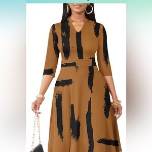Chic Tan and Black Long Sleeve Dress
